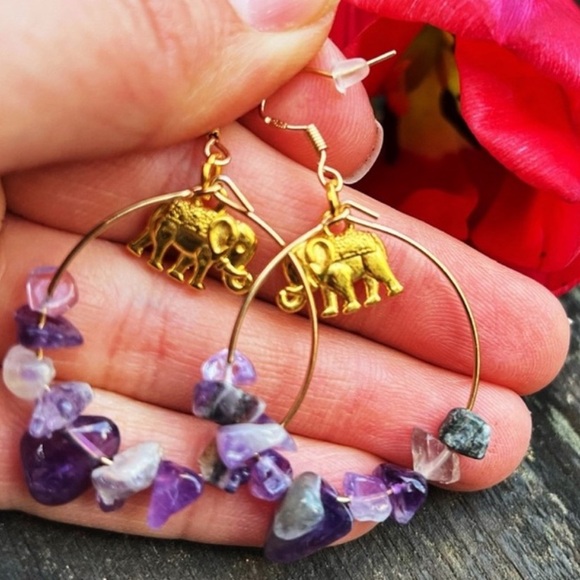 Elephant Handcrafted Amethyst Crystal Earrings 18k Gold Plated Posts - Picture 3 of 3